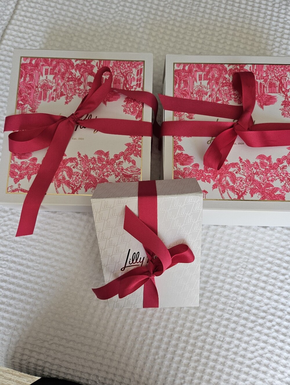 Lilly Pulitzer White &Pink Decorative Gift Boxes with Gold Logo 3 Count